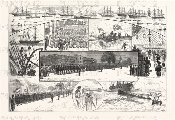 INCIDENTS THE NAVAL REVIEW FORTRESS MONROE. FROM SKETCHES BY J.O. DAVIDSON, US, USA, AMERICA, UNITED STATES, AMERICAN, ENGRAVING 1880
