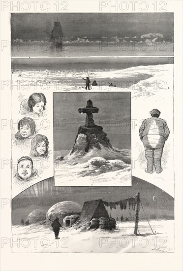 THE SEARCH FOR SIR JOHN FRANKLIN, 1. Nearing Ice-Pack. 2. Smith Point, the Northwest Passage Ship sank. 3. Group Portraits; Toweeniah; Tooktoocheer; Ahlangyah ; Ogzeuckjuock. 4. Mate with "Jib Pieces." 5. Monument Starvation Cove. 6. Winter-Quarters Camp Daly. ENGRAVING 1880