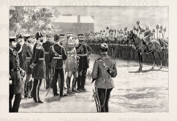 THREE CHEERS FOR THE EMPEROR! THE GERMAN EMPEROR REVIEWING THE ROYAL ARTILLERY AT EASTNEY BARRACKS, PORTSMOUTH, UK, 1890 engraving