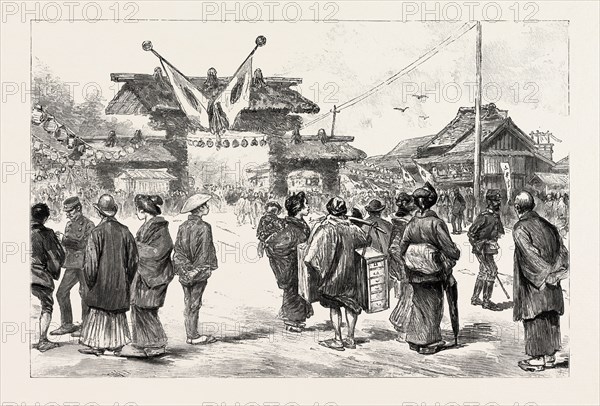 THE JAPANESE EXHIBITION AT TOKYO: WAITING FOR THE MIKADO'S ARRIVAL IN THE EXHIBITION GROUNDS, JAPAN, 1890 engraving
