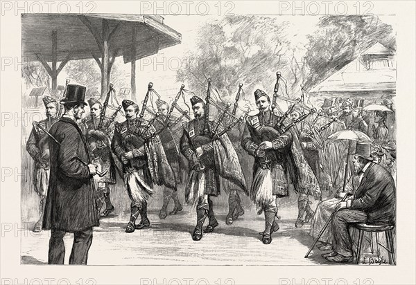 THE MILITARY EXHIBITION: THE PIPERS OF THE ARGYLE AND SUTHERLAND HIGHLANDERS PARADING THE GROUNDS, 1890 engraving