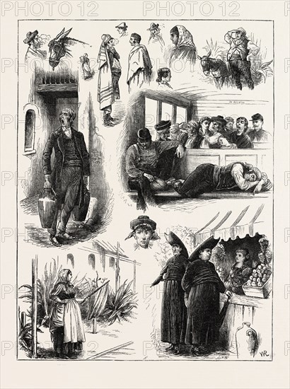 SPANISH AFFAIRS: CHARACTER SKETCHES ON THE RAILWAY FROM MADRID TO SEVILLE, SPAIN, 1890 engraving