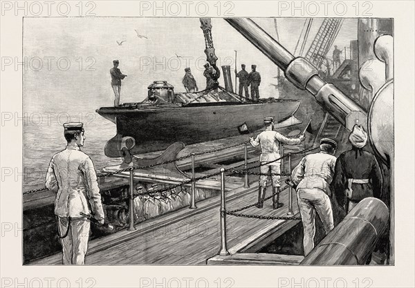 THE NAVAL MANOEUVRES: OUT TORPEDO BOAT WHILST UNDER WAY, ON BOARD AN IRONCLAD, MARITIME, 1890 engraving