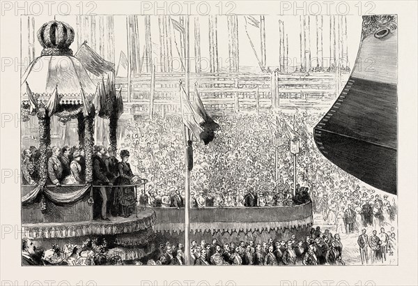 THE ANGLO-SPANISH SHIPYARDS AT BILBAO, SPAIN: THE QUEEN OF SPAIN LAUNCHING THE FIRST CRUISER LA INFANTA MARIA TERESE, 1890 engraving