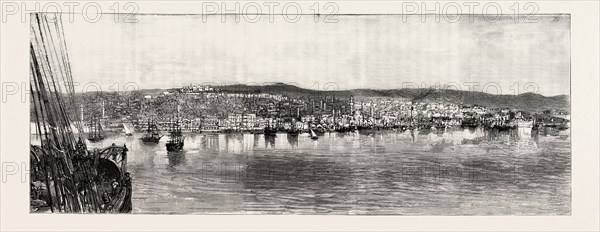THE NAVAL MANOEUVRES, WITH THE HOSTILE FLEET: THE FIRE AT SALONICA, THESSALONIKI, VIEW OF THE TOWN FROM THE SEA, GREECE, 1890 engraving