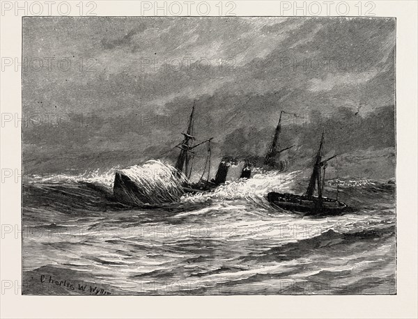 THE NAVAL MANOEUVRES, WITH THE HOSTILE FLEET: H.M.S. ARETHUSA HOMEWARD BOUND WITH THE MAILS, 1890 engraving