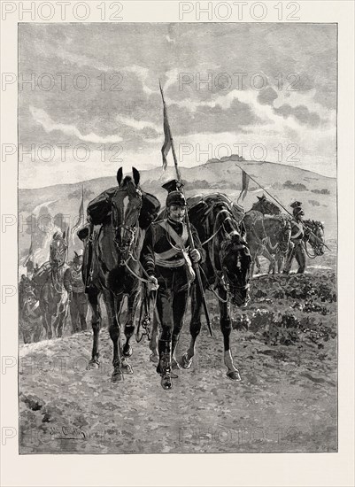 THE CAVALRY MANOEUVRES: THE END OF THE DAY, LANCERS LEADING THEIR HORSES INTO CAMP AFTER A LONG DAY'S MARCH, 1890 engraving