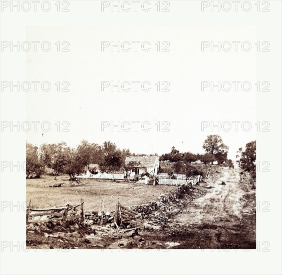 American Civil War: General Meade's Headquarters at Gettysburg, eneral George G. Meade's headquarters on Cemetery Ridge after the battle at Gettysburg, Pennsylvania. The bodies of horses shot during the fighting can be seen in the distance. Photo, albumen print, By Alexander Gardner, 1821 1882, Scottish photographer who emigrated to the United States in 1856. From Gardner Photographic Art Gallery, Seventh Street, Washington