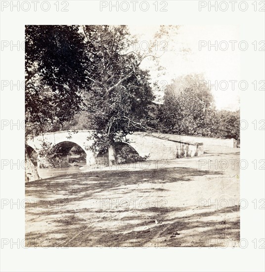 American Civil War: Burnside Bridge, Antietam, Sept., 1862, partial view of a stone bridge over Antietam creek in Maryland. Photo, albumen print, By Alexander Gardner, 1821 1882, Scottish photographer who emigrated to the United States in 1856. From Gardner Photographic Art Gallery, Seventh Street, Washington