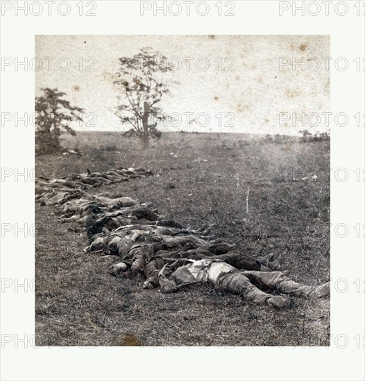 American Civil War: Gathered together for burial after the Battle of Antietam, dead bodies on the ground. Photo, albumen print, By Alexander Gardner, 1821 1882, Scottish photographer who emigrated to the United States in 1856. From Gardner Photographic Art Gallery, Seventh Street, Washington