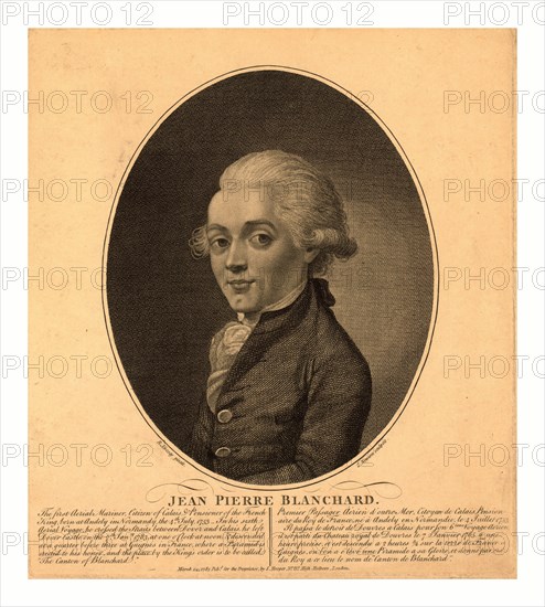 Half-length portrait of French balloonist Jean-Pierre Blanchard. 1785