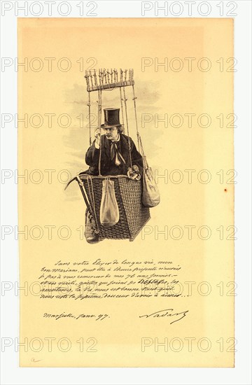 Félix Nadar, half-length portrait, standing in the basket of a balloon, holding binoculars,  1897