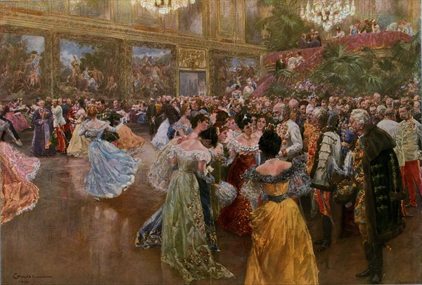 The emperor Franz Josef at the ball in the Redoutensaale of the Hofburg in Vienna  by Wilhelm Gause, 1853-1916. He was a famous illustrator who moved to Vienna, Austria in 1879. dance, dancing, dance, female, male, caucasian, european, europe