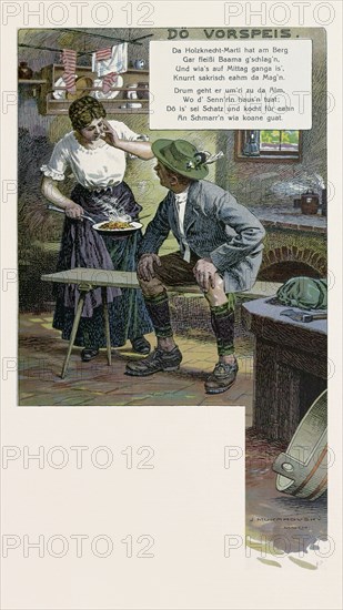 In the kitchen Josef Mukarovsky, 1851-1921, German. Dish, food and drink, man, woman, traditional german dress, food and drink, liszt gourmet archive