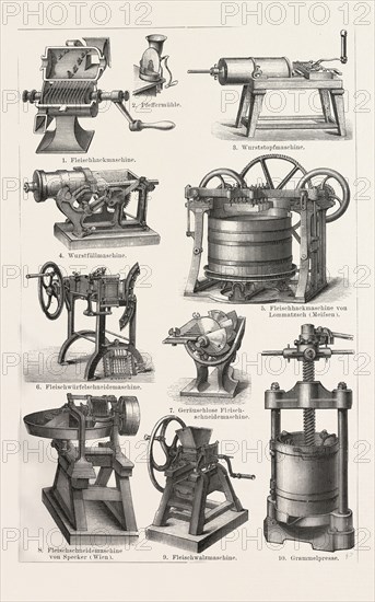 Machines to prepare meat, around 1890, 19th century, liszt gourmet archive, machine to fill the sausage, machine to cut the meat, food, butcher, grinder, equipment, kitchen, mincing, minced, processing, appliance, kitchenware, preparation, butchery, mincing-machine, blender, europe, germany