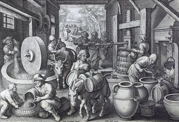 Oleum olivarum, the invention of the olive oil press, engraving circa 1591, by Stradanus or Stratesis, 1523-1605 a Flemish artist working in 16th century Florence, Italy. Engraved by Philip Galle, 1537-1612