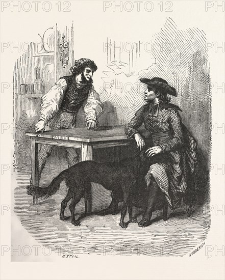 The count of monte christo alexandre Dumas, 1844, historical novel, adventure fiction, romance novel, fiction, 19th century, priest, man, dog, table, interior