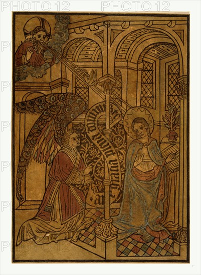 The annunciation, Print showing Mary visited by an angel, woodcut, hand-colored, between 1450 and 1460