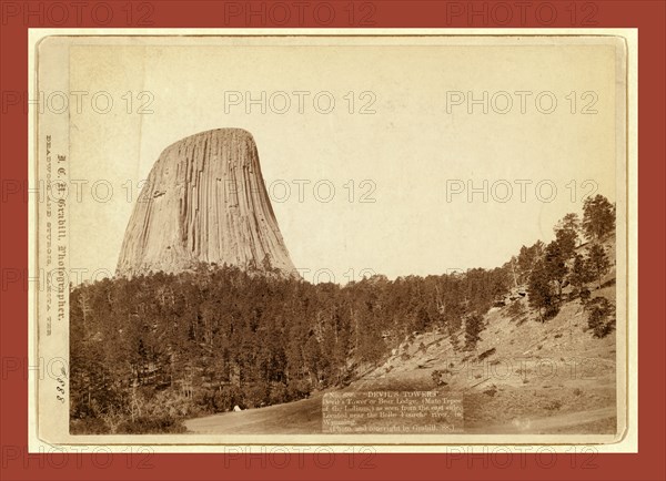Devil's Tower. Devil's Tower or Bear Lodge. (Mato [i.e. Mateo] Tepee of the Indians), as seen from the east side. Located near the Belle Fourche river, in Wyoming, John C. H. Grabill was an american photographer. In 1886 he opened his first photographic studio