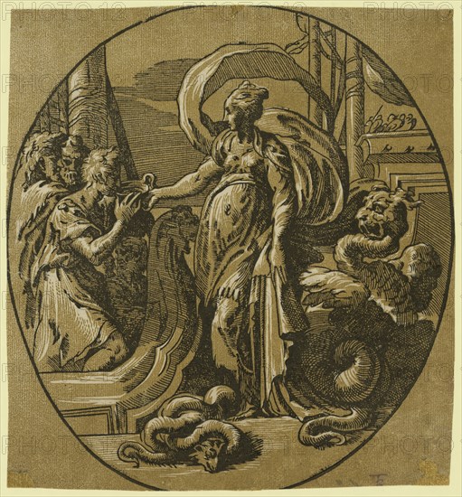 Circe, dating from between 1500 and 1530, Carpi, Ugo da, 1480-approximately 1532, artist, Parmigianino, 1503-1540. Andreani, Andrea, approximately 1560-1623. chiaroscuro woodcut, Print showing Circe, standing on a wharf with dragon-like serpents, offering a drink to sailors as their ship passes.