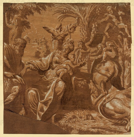 The rest on the flight into Egypt, between ca. 1520 and 1700. Campi, Antonio, 1522 or 1523-1587 , artist, chiaroscuro woodcut, Print shows Joseph, Mary, and the Christ Child (Child Jesus) taking nourishment from a tree, assisted by several angels, on their journey to Egypt.