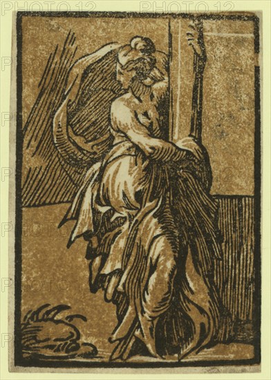 Fortitude, between 1530 and 1550, Trento, Antonio da, approximately 1508-approximately 1550, artist, chiaroscuro woodcut, Allegorical print showing a seated woman holding onto a column.