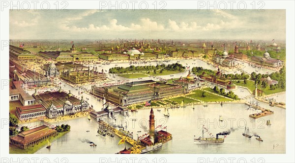 Grand birds eye view of the grounds and buildings of the great Columbian exposition at Chicago, Illinois, 1892 1893, In commemoration of the four hundredth anniversary of the discovery of America by Christopher Columbus. By Currier & Ives circa 1892, US, USA, America