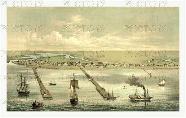 View of Indianola taken from the bay, on the Royal Yard, on board the barque Texana, Sept. 1860 drawn from nature by Helmuth Holtz, circa 1860, US, USA, America