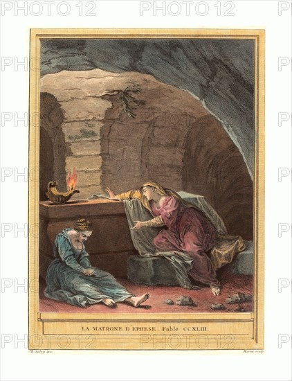 Martin Marvie after Jean Baptiste Oudry (French, 1713  1813 ), La matrone d'Ephese (The Matron of Ephese), published 1759, hand colored etching