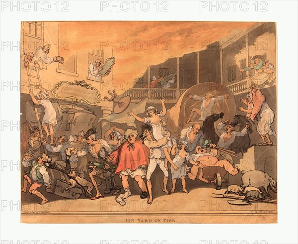Thomas Rowlandson (British, 1756 - 1827 ), The Inn Yard on Fire, 1791, hand-colored etching and aquatint, Rosenwald Collection