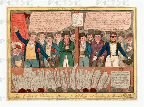 The freedom of election or hunt-ing for popularity and plumpers for Maxwell, Cruikshank, Robert, 1789-1856, two candidates in the Westminster election, Henry Hunt and Murray Maxwell, addressing a crowd
