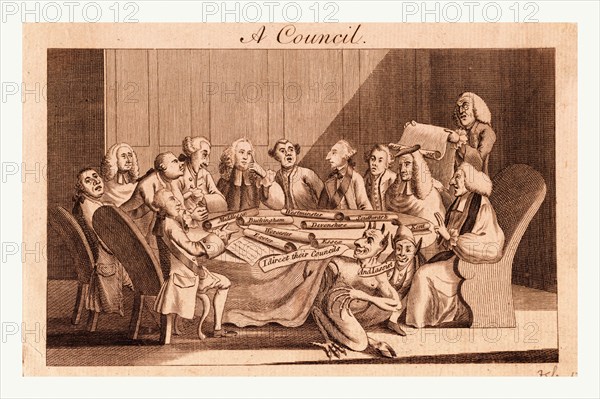 A council, England, 1770, the Privy Council, or that portion of it which was known to include the King's Friends, seated round a table, on which lie rolls of paper, being petitions presented to the King from Middlesex, Buckingham, Westminster, Southwark, Devonshire, Worcester, Exeter, Essex, and Kent