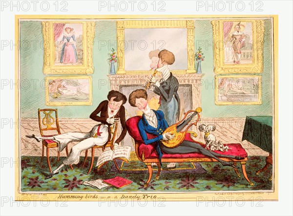 Humming birds or a dandy trio, Cruikshank, George, 1792-1878, artist, London, 1819, three fashionable dandies singing and playing instruments in a well-furnished room.