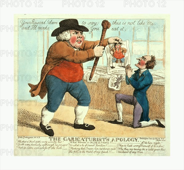 The caricaturist's apology, Grinagain, Giles, pseud., artist, London, 1802, Large man holding a club and caricature of himself, threatens a kneeling caricaturist.