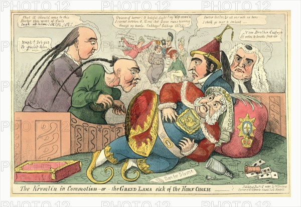 The Kremlin in commotion  or  the Grand Lama sick of the horn cholic, 1820, King George IV fallen to the floor, he clutches his stomach, near him are a Plan for Divorce, a decanter and cup, cards and dice. In the background sits his estranged wife Caroline about to be crowned by Justice while surrounded by her loyal supporters.