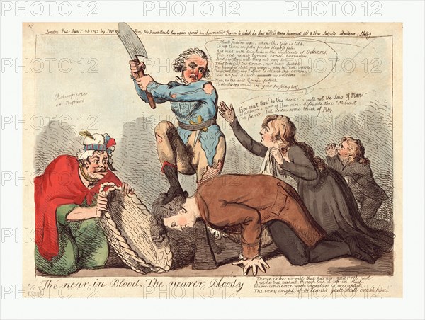 The near in blood, the nearer bloody, Cruikshank, Isaac, 1756?-1811?, artist, engraving 1793, the Duke of Orleans dressed as a ragged sansculotte, holding an axe over the head of Louis XVI which rests on a chopping block, while Marie Antoinette pleads for him to show a touch of pity.