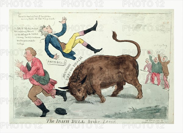 The Irish bull broke loose, Cruikshank, Isaac, 1756?-1811?, engraving 1799,  the Irish Bull tossing William Pitt into the air and about to do the same to Lord Dundas who runs to the left; on the far right, those opposed to Pitt's Union Bill cheer on the bull, Go it my Boy.