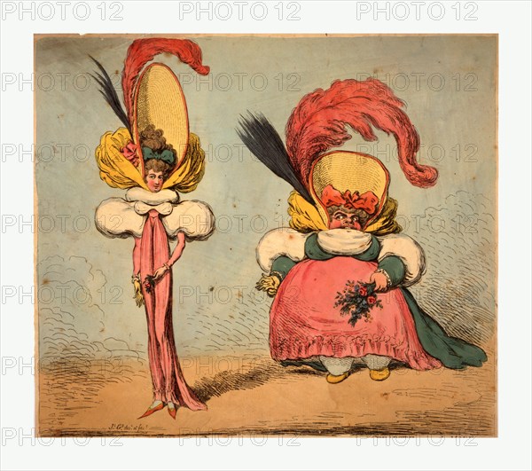 Following the fashion, Gillray, James, 1756-1815, artist, engraving 1794, Two women, one tall and pretty and slim, the other short and fat, wear burlesqued versions of the new fashions. Under each is a supplementary title: (left) St. James's giving the Ton, a soul without a body; (right) Cheapside aping the mode, a body without a soul.