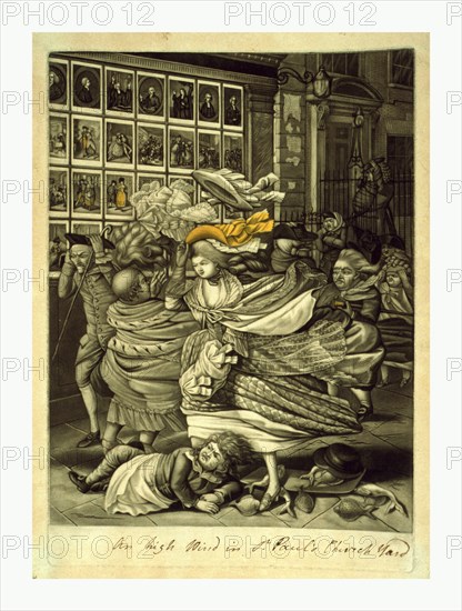 An high wind in St. Paul's Church yard, , artist, [1783], mezzotint, hand-colored, a street scene outside a print shop on a windy day as pedestrians struggle against the force of the wind.