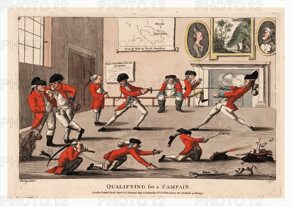 Qualifying for a campain, an interior view of a room at a military academy in which British officers, in a child-like manner, demonstrate skills in hopes of securing a command for the war with the American colonies.