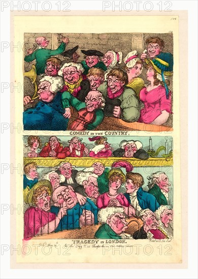 Comedy in the country. Tragedy in London, Rowlandson, Thomas, 1756-1827, engraving 1807, two designs on one plate. Above, two  rows of burlesqued yokels (with two comely women, and an ugly old one), seated behind the orchestra and backed by a rough brick wall, below, three members of the orchestra play, grotesquely weeping