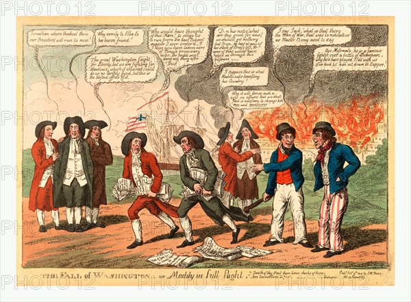 The fall of Washington or Maddy in full flight, Cartoon showing President James Madison and probably John Armstrong, his secretary of war, both with bundles of papers, fleeing from Washington, with burning buildings behind them.