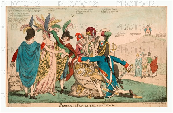 Property protected--Ã  la FranÃ§oise, British satire of Franco-American relations after the XYZ Affair in May of 1798; 5 Frenchmen plunder female America, while five figures representing other European countries look on. John Bull sits laughing on Shakespeare's Cliff.