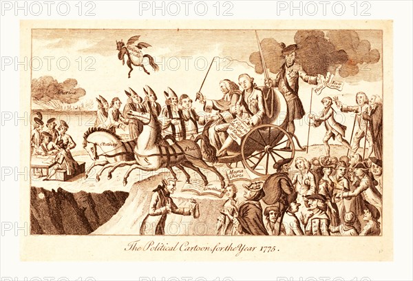 The political cartoon for the year 1775, en sanguine engraving shows George III and Lord Mansfield, seated on an open chaise drawn by two horses labeled Obstinacy and Pride, about to lead Britain into an abyss represented by the war with the American colonies.