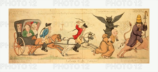 An escape a la Francois!, engraving 1791 by Willm. Holland, a burlesque representation of the flight to Varennes, the royal family in a two-wheeled carriage drawn (left to right) by four galloping horses with two postilions