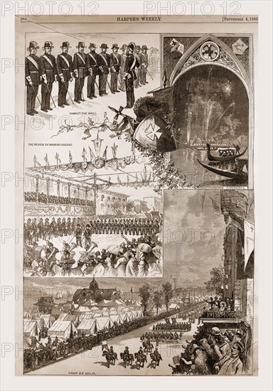 THE KNIGHTS TEMPLAR AT CHICAGO-CAMP DE MOLAI AND OTHER SCENES.-FROM SKETCHES BY FRANK H. TAYLOR, 1880, 19th century engraving, USA, America