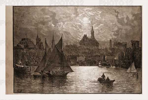 NEW YORK FROM A CORTLANDT STREET FERRY-BOAT, JERSEY SIDE.-DRAWN BY GRANVILLE PERKINS., 1880, 19th century engraving, USA, America