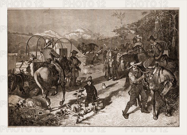 AMONG THE COW-BOYS-BREAKING CAMP.-DRAWN BY W. A. ROGERS., 1880, 19th century engraving, USA, America