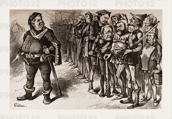 FALSTAFF HANCOCK AND HIS RAGGED REGIMENT., 1880, 19th century engraving, USA, America