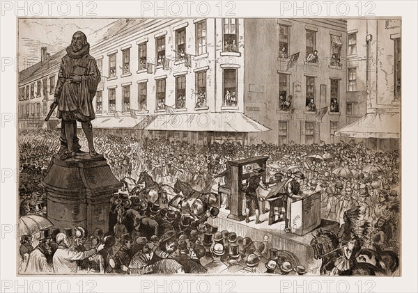 THE BOSTON CELEBRATIONâ€îTHE PROCESSION PASSING THE WINTHROP STATUE.â€îDRAWN BY C. GRAHAM., 1880, 19th century engraving, USA, America